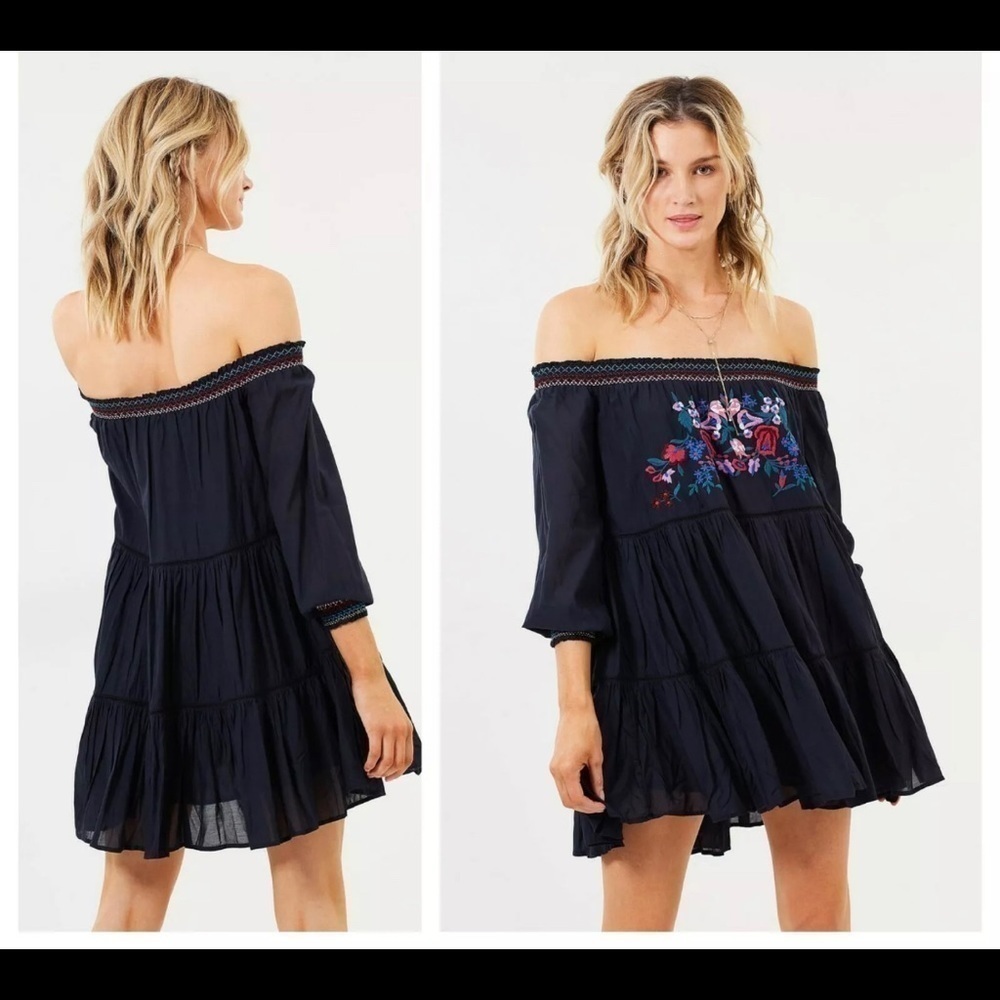 FREE‎ People Embroidered Floral Black boho dress